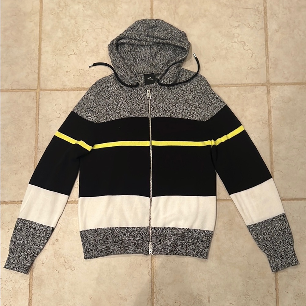 Armani Exchange Zip Up Sweater in Black and Gray with Hood